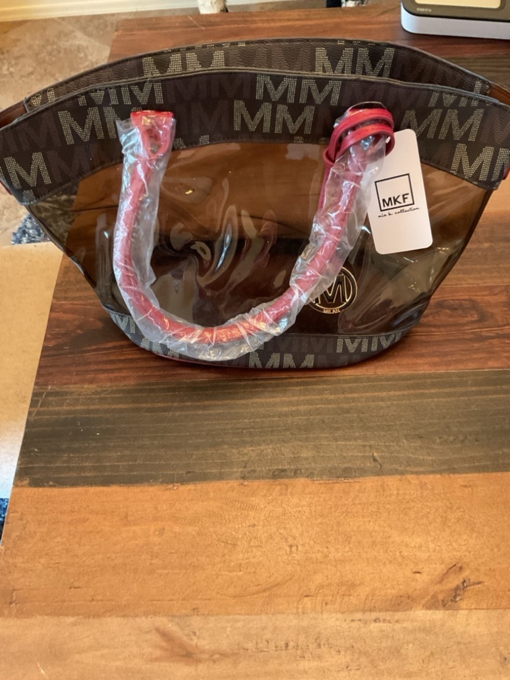 MKF Clear Brown Tote with Red Handles